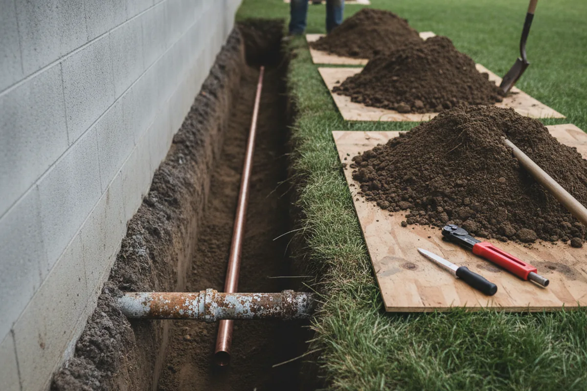 Excavated water line trench during Water Heater Repair in Summerland